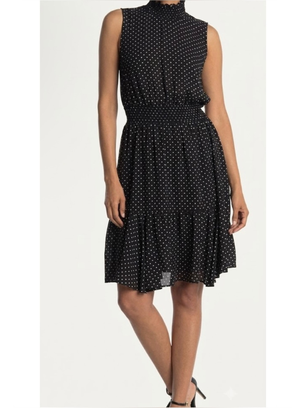 Nanette Lepore Mock Neck Polka Dot Knee Length Dress Smocked Waist
